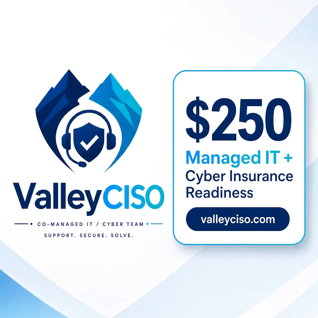 Valley CISO logo beside a card reading $250 Managed IT + Cyber Insurance Readiness, valleyciso.com