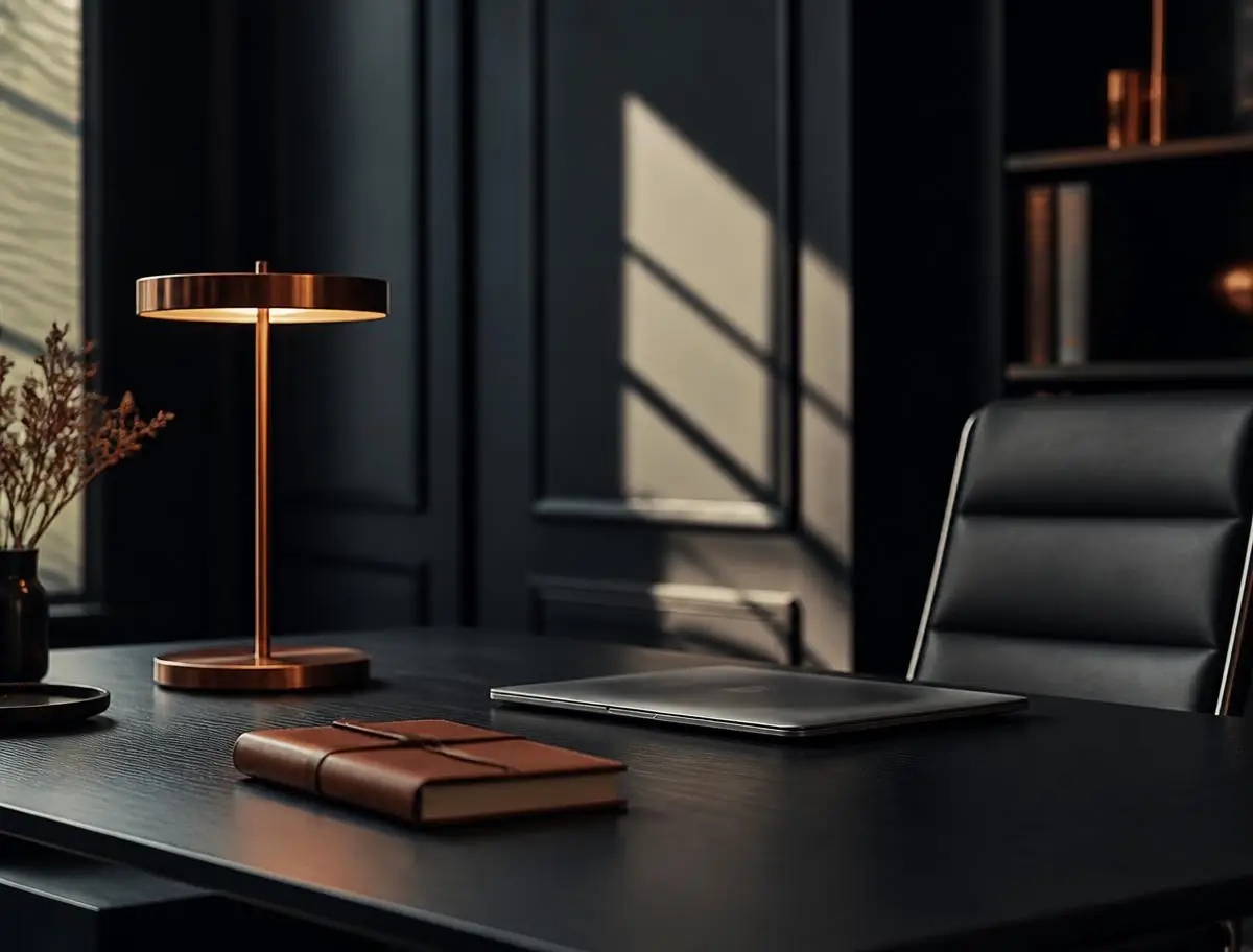 A quiet executive desk with a leather notebook and closed laptop under warm copper lamp light